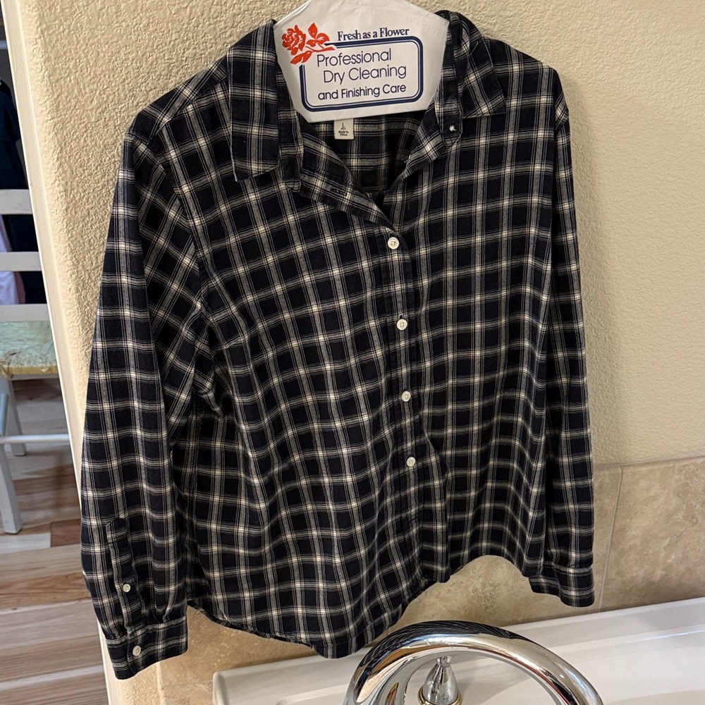 L.L. Bean Black and White Plaid Button Down Shirt